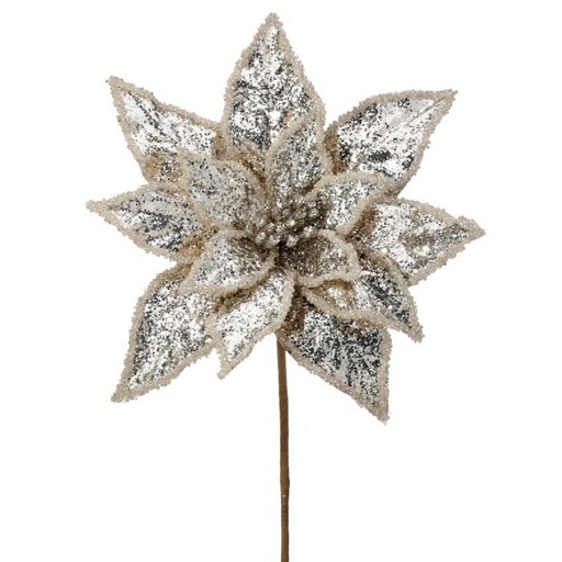 [MTX73478SILV] 24" METALLIC GLITTER POINSETTIA STEM - SILV