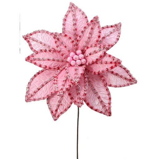 [MTX73418PKRD] 30" GIANT CANDY SNOW GLITTER POINSETTIA STEM - PKRD
