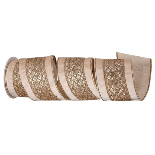 [MTX71581] 4"X5Y SEQ TRIM/CREME VELVET/TAFFETA  RIBBON