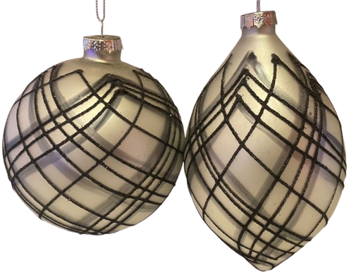 [MTX66717] 4-5" GLASS PLAID BALL/FINIAL ORNAMENT - BLACK/WHITE - INDIVIDUAL 
