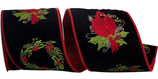 [93885W-031-10D] CARDINAL HOLLY EMBROIDERED VELVET WIRED EDGE BLACK