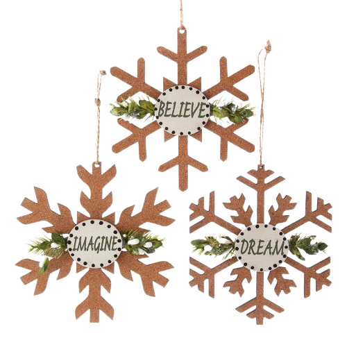 [G0304] 4.5"WOODEN CORK SNOWFLAKE ORN W/SAGE GREENERY / INDIVIDUAL 