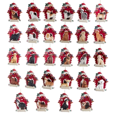 [E0618] 4"RESIN DOG IN DOGHOUSE ORN ASSORTMENT - INDIVIDUAL 